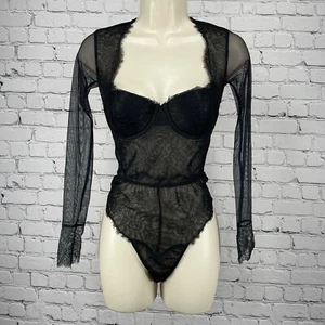 Victoria’s Secret Black Lace Underwire One Piece Bodysuit Lingerie Bra 32C - Picture 1 of 9