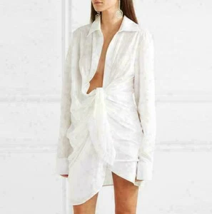 Womens Sz Cotton Dress Loose Fit Casual Shirt Dress White Wrinkle Lapel  - Picture 1 of 7