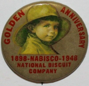 Vintage pinback pin NABISCO Golden Anniversary boy picture 1948 National Biscuit - Picture 1 of 2