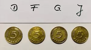4 Stück Münzen á 5 Pfennig *1949 Bank Deutscher Länder - D F G J komplett* - Bild 1 von 3
