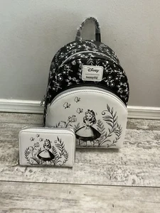NWT Loungefly Disney Alice In Wonderland Black & White Mini Backpack And Wallet - Picture 1 of 5