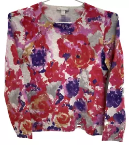 Cashmere Sweater Charter Club Women's L Gray Red Purple Watercolor Floral 2 Ply - Picture 1 of 7