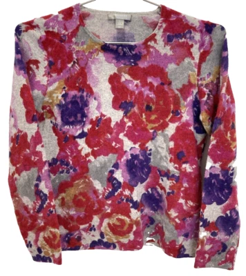 Suéter de cachemir Charter Club para mujer L gris rojo púrpura acuarela floral 2 capas Foto 1 de 4