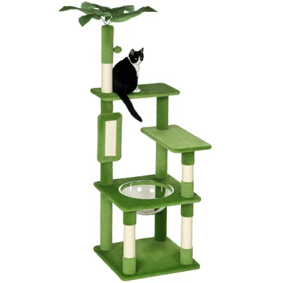 PawHut 142cm Cat Tree with Scratch Posts Hammock Platforms Toy Balls, Green - Image 1 of 4