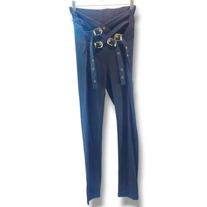 Y2K Goth Buckle Detail Leggings Pants Stretch Pull-on Sz L Hi Rise Black 28×29 - Picture 1 of 9