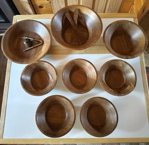 VTG Solid American Walnut Lot 11 Pcs Salad Bowls Set Serving Tongs Nut Bowl MCM - Picture 1 of 19
