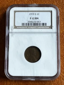 1915-S Lincoln Cent NGC F12 BROWN KEY DATE 1C Low Grade - Picture 1 of 3