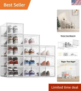 Cajas organizadoras de zapatos de plástico transparente - Paquete de 12, se adapta a la talla 14 con cierre a presión - Imagen 1 de 9