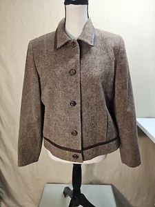 Pendleton Virgin Wool Suit Set Pants And Blazer Brown Leather Trim Size 12 EUC  - Picture 1 of 7