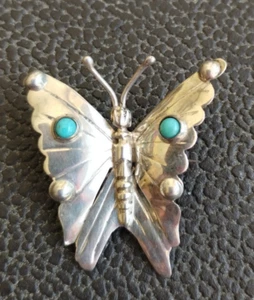 Vintage Mexico Sterling Silver & Turquoise Butterfly Insect Pin Brooch 4g - Picture 1 of 6