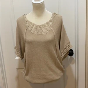 Joseph A 1X Knit Beige Top Crochet Embroidery Dolman Short Sleeves Tan - Picture 1 of 9