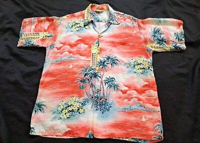 RARE Vintage MCM Hookano Hawaiian Aloha Shirt Coconut Buttons Medium Aloha Tower - Image 1 of 4