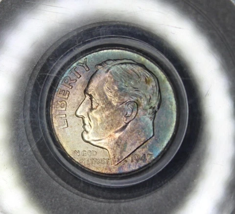1947 S Roosevelt Silver Dime Graded PCGS MS64 Rainbow Color Toning Toned Coin Cover