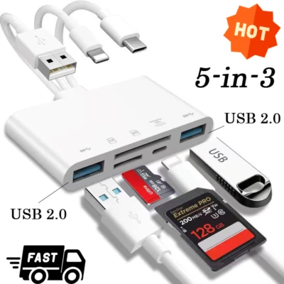 1 Stück Speicherkartenleser 5 in 1 USB OTG Adapter SD Kartenleser für iPhone/iPad - Bild 1 von 4