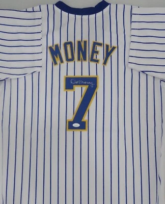 Camiseta deportiva a rayas Brewers 82 AL Champ DON MONEY firmada réplica personalizada AUTO - JSA Foto 1 de 3