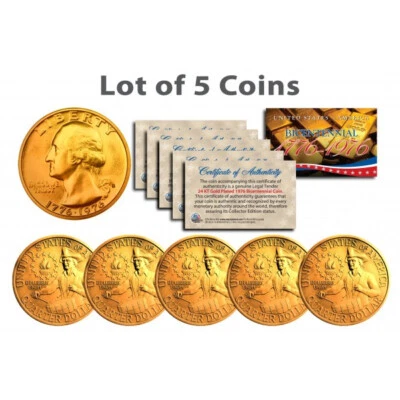 Bicentennial 1976 Quarters U.S. Coins 24K GOLD PLATED w/Capsules (Lot of 5) - Image 1 of 3