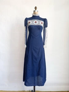 Vintage 1970s Gunne Style Prairie Maxie Dress Polka Dot Puff Sleeves Lace XS - Picture 1 of 9
