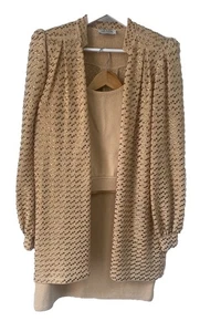 Vintage ST JOHN Saks 3 Piece Set Beige Knit Jacket Embellished Skirt Set M/L - Picture 1 of 24