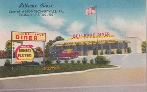 Postkarte PA Montgomeryville Pennsylvania Bellevue Diner groß amerikanische Flagge A30 - Bild 1 von 2