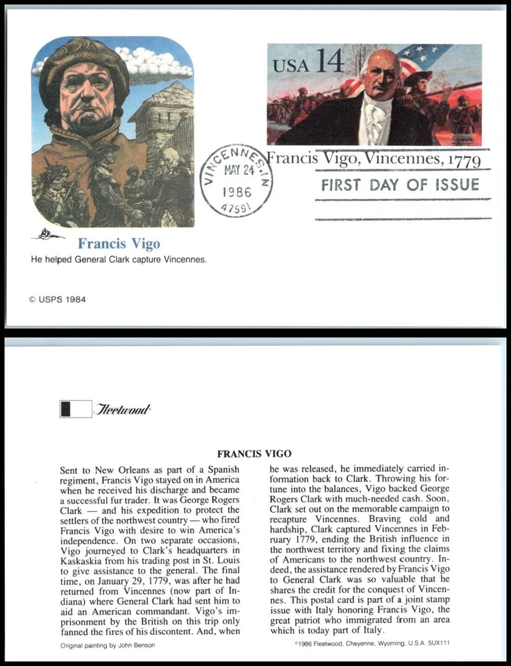 1986 Francis Vigo patriot Sc UX111 FDC with Fleetwood cachet Vincennes IN - Image 1 of 1