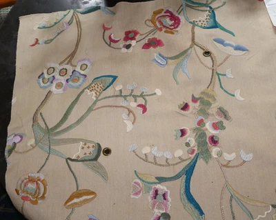 Large 26" x 28" Schumacher Cotton Embroidery VANESSA  Fabric Remnant Tan Chamois - Image 1 of 4