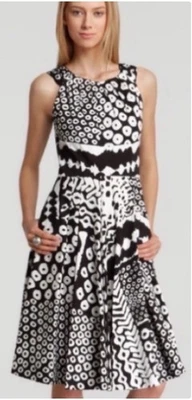 Lafayette 148 Dress Geometric Tribal Print Black White Pleated Fit Flare Midi 4 - Image 1 of 4