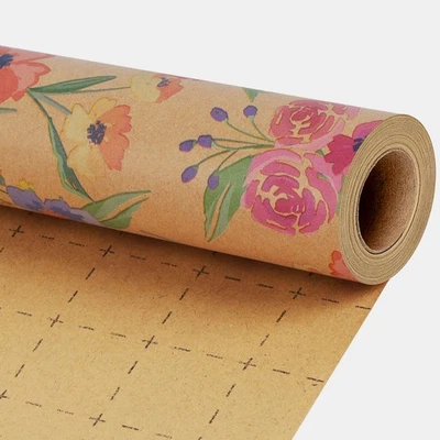BIOBROWN Kraft Floral Wrapping Paper Roll - 17 Inches X 33 Feet (47 sq. ft. ttl.) Vint...