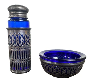 Antico shaker sale e pepe vetro blu cobalto argento sterling? Firmato - Foto 1 di 8