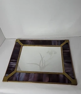 Vintage Purple Swirl Slag Stained Glass Mirror w/ Frosted Flower & Velvet Back - Picture 1 of 13