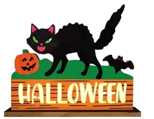 Halloween Black Cat Decorations for Home, LED Halloween Wood Block Sign Decor - Picture 1 of 2