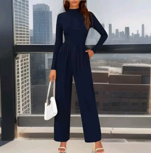 NWT! PRETTYGARDEN Women's Jumpsuit Dressy Casual 1- Piece Navy Blue Large 12-14 - Picture 1 of 10
