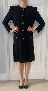 Vintage 80s BHS black jacket dress gold button detail, pleat knee skirt. UK10-12 - Picture 1 of 9