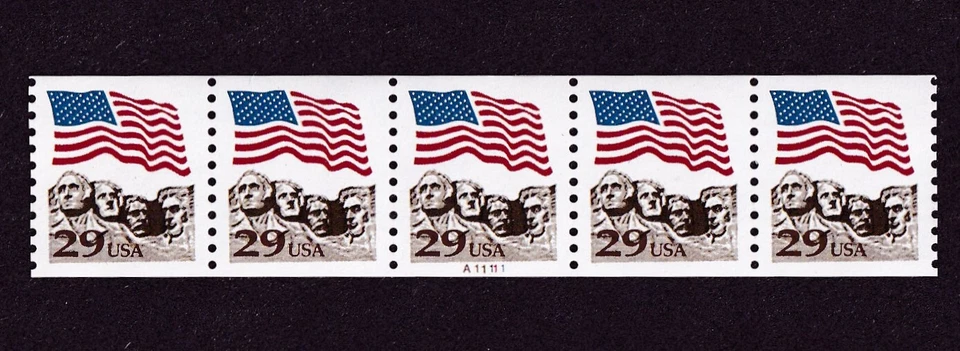 US #2523A, Flag over Mt Rushmore stamp,Plate Number Strip of 5, Plate A1111, MNH - Image 1 of 2