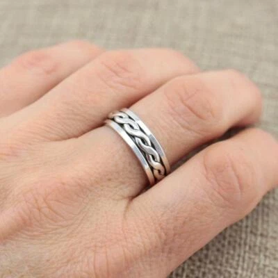 Mens Womens 925 Silver Celtic Braided Twisted Spinning Worry Band Ring All Size - Image 1 of 4