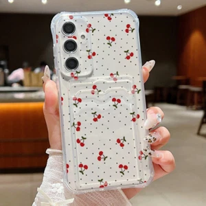 Card Slot Case For Samsung S25 S24 Ultra S23 S22 A55 Patterned Cherry Soft Cover - Picture 1 of 15