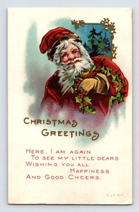 Postcard Santa Claus Christmas Holly Wreath 1918 Posted Fort Wayne IN Divided - Picture 1 of 2