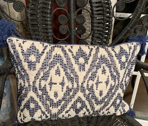 KIM SEYBERT Neiman Marcus Blue Bohemian Ikat Beaded 12" X 16" Throw Pillow Boho - Picture 1 of 10