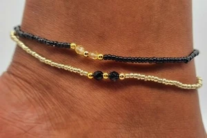 Set of 2 Glass Bead Elastic Gold and Black ankle bracelet foot anklet 25cm - Picture 1 of 1