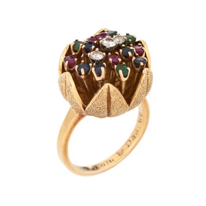 60s Diamond Gemstone Tulip Ring Vintage 18k Yellow Gold Sz 5.5 Flower Jewelry  - Picture 1 of 7