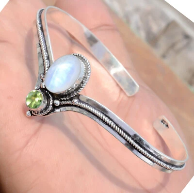 Moonstone & Peridot Cut Gemstone 925 Sterling Silver Unique Design Bangle Cuff - Image 1 of 4