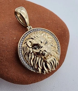 10k .417 Yellow Gold HK Lion Head 1" Round Pendant Engravable Au 24206 - Picture 1 of 10