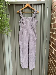 Princess Highway Size 10 Blue Gingham Jumpsuit Linen Blend Womens Cropped Length - Picture 1 of 10