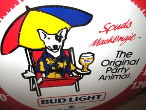 SPUDS MACKENZIE --1986- Bud Light PARTY ANIMAL -12" ROUND- THERMOMETER FACE SIGN - Picture 1 of 8