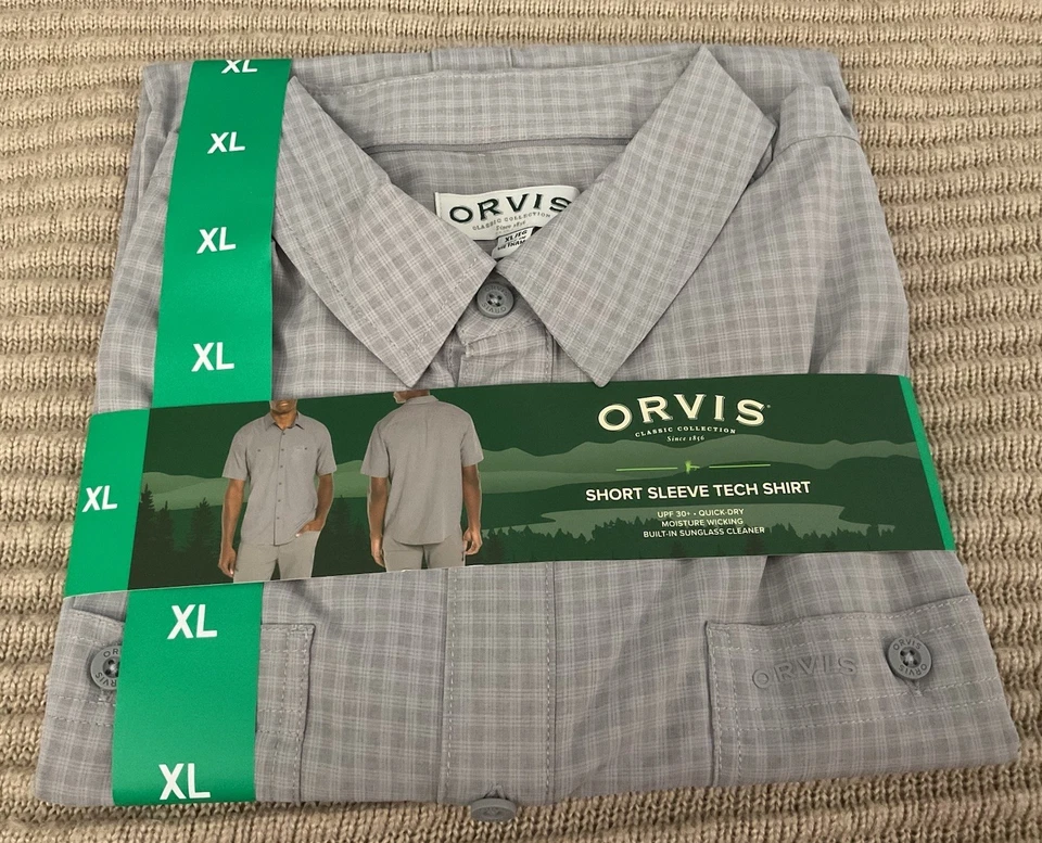 Men's Orvis Gray Plaid Short Sleeve Button Up Tech Shirt Size XLarge
