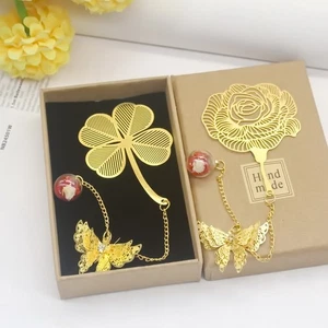 Metal Bookmark Brass Leaf Flower Book Mark Tassel Bookmarks Student Supply - Picture 1 of 26