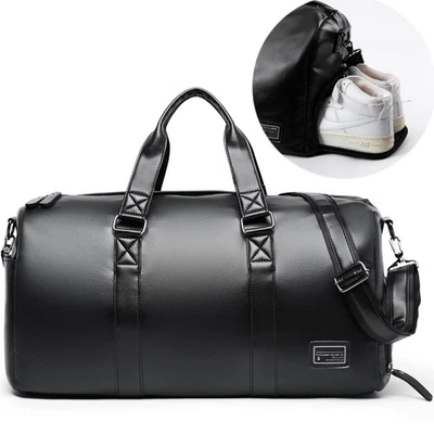 Bolso de Lona de Cuero para Hombres Pequeño Bolso de Gimnasio de Fin de Semana Bolso de Lona de Cuero Negro con... Foto 1 de 4