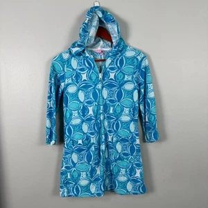 Lilly Pulitzer Girls 12-14 XL Swim Cover Zip Up Hood Terry Cloth Blue Fish - Picture 1 of 4