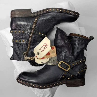 NUEVAS AS98 Botas de rodilla de cuero de combate de motociclista con hebilla de metal dorado asimétricas EU37 US7 Foto 1 de 4