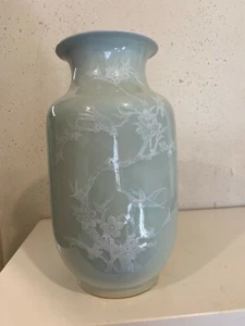 CHINESE GREEN GLAZE GROUND PRUNUS BIRDS PATE SUR PATE PORCELAIN VASE 9 1/2 Inch - Picture 1 of 11