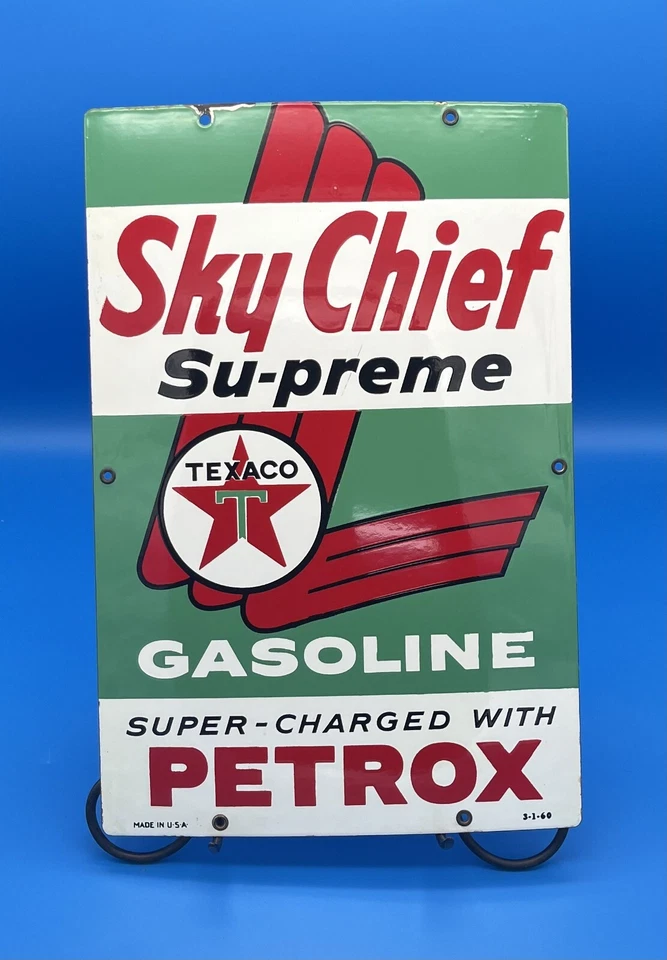 Letrero original 1960 Texaco Sky Chief gasolina Petrox porcelana - 12" x 18" Foto 1 de 4